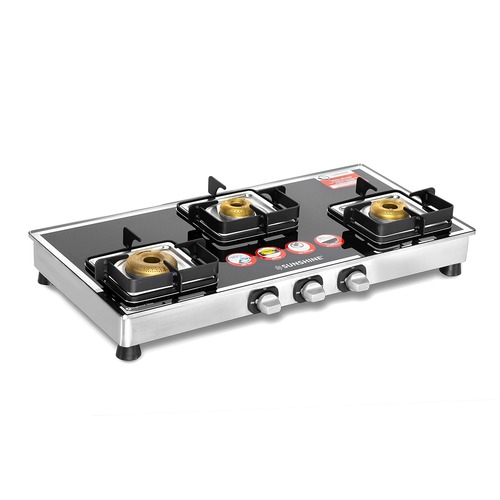 SUNSHINE Glass Top Stainless Steel 3 Burner Gas Stove Manual Ignition(TEN X 3BR Black)